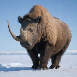 An image of a Woolly Rhino, its distinctive hair-covered body blending with the snowy terrain of the Ice Age, standing out as a major player in this frozen era.