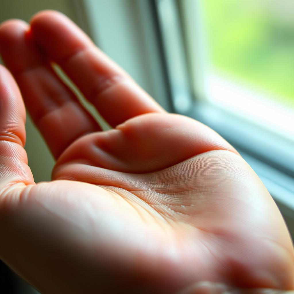 A highly detailed and realistic close-up of a human hand, showcasing the intricate features such as the texture of the skin, the fine lines on the palm, and well-groomed nails