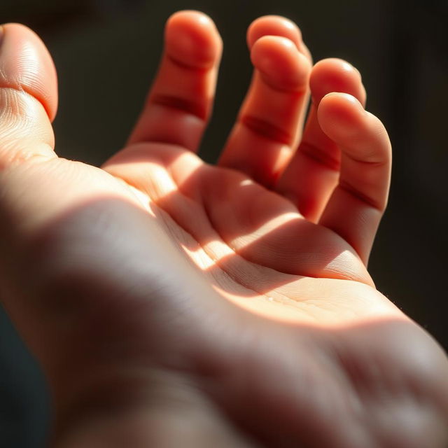 A highly detailed and realistic close-up of a human hand, showcasing the intricate features such as the texture of the skin, the fine lines on the palm, and well-groomed nails