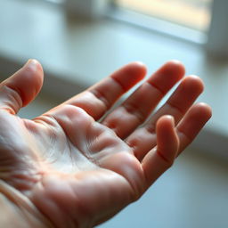 A highly detailed and realistic close-up of a human hand, showcasing the intricate features such as the texture of the skin, the fine lines on the palm, and well-groomed nails