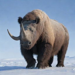 An image of a Woolly Rhino, its distinctive hair-covered body blending with the snowy terrain of the Ice Age, standing out as a major player in this frozen era.