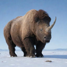 An image of a Woolly Rhino, its distinctive hair-covered body blending with the snowy terrain of the Ice Age, standing out as a major player in this frozen era.