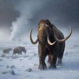 A blustering image of a severe windstorm in the Ice Age, whipping up blizzards and churning the snowy landscapes around the mammoths, saber-toothed cats and woolly rhinos.