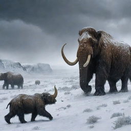 A blustering image of a severe windstorm in the Ice Age, whipping up blizzards and churning the snowy landscapes around the mammoths, saber-toothed cats and woolly rhinos.