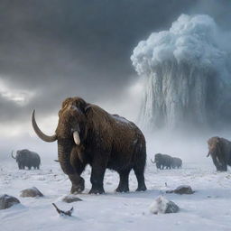 A blustering image of a severe windstorm in the Ice Age, whipping up blizzards and churning the snowy landscapes around the mammoths, saber-toothed cats and woolly rhinos.