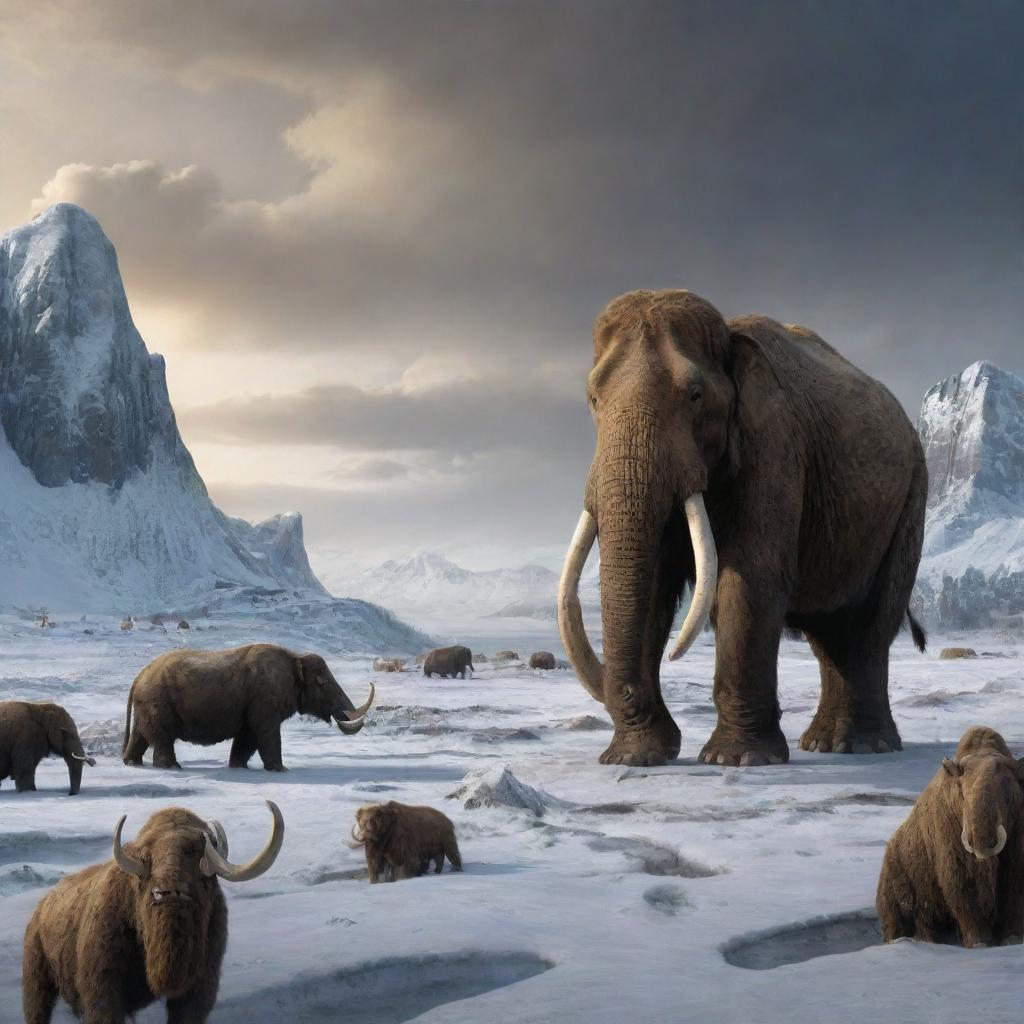 A melancholic scene depicting the end of the Ice Age, with the extinction of all major species such as mammoths, saber-toothed cats, and woolly rhinos, signifying the end of an era.