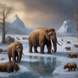 A melancholic scene depicting the end of the Ice Age, with the extinction of all major species such as mammoths, saber-toothed cats, and woolly rhinos, signifying the end of an era.