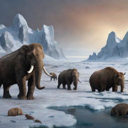 A melancholic scene depicting the end of the Ice Age, with the extinction of all major species such as mammoths, saber-toothed cats, and woolly rhinos, signifying the end of an era.