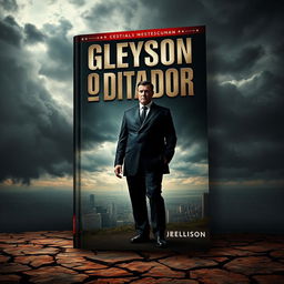A striking book cover for 'Gleyson, O Ditador', featuring a powerful and imposing figure in a dark suit, standing tall with a bold and confident demeanor