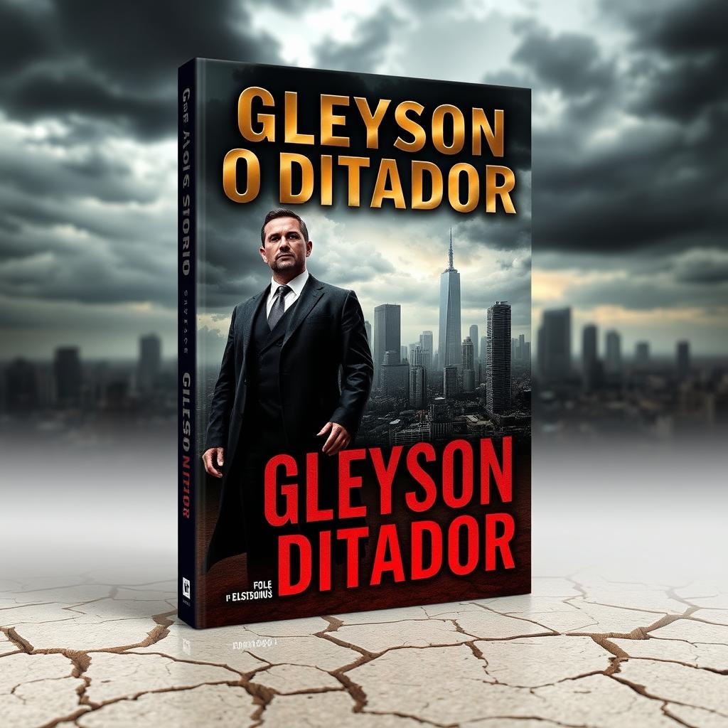 A striking book cover for 'Gleyson, O Ditador', featuring a powerful and imposing figure in a dark suit, standing tall with a bold and confident demeanor