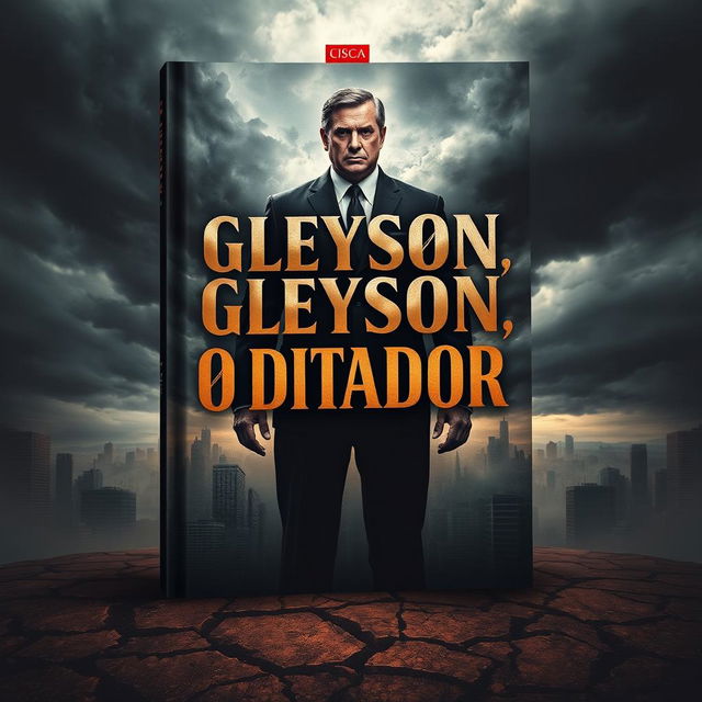 A striking book cover for 'Gleyson, O Ditador', featuring a powerful and imposing figure in a dark suit, standing tall with a bold and confident demeanor