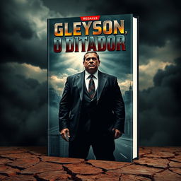 A striking book cover for 'Gleyson, O Ditador', featuring a powerful and imposing figure in a dark suit, standing tall with a bold and confident demeanor