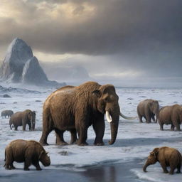 A melancholic scene depicting the end of the Ice Age, with the extinction of all major species such as mammoths, saber-toothed cats, and woolly rhinos, signifying the end of an era.