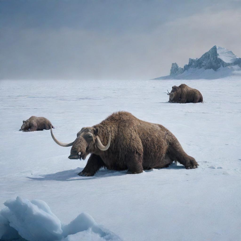 A solemn image portraying the end of the Ice Age and subsequent fossilization of extinct species, their remains creating a testament to a gone era beneath the frozen ground.