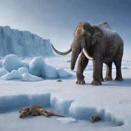 A solemn image portraying the end of the Ice Age and subsequent fossilization of extinct species, their remains creating a testament to a gone era beneath the frozen ground.