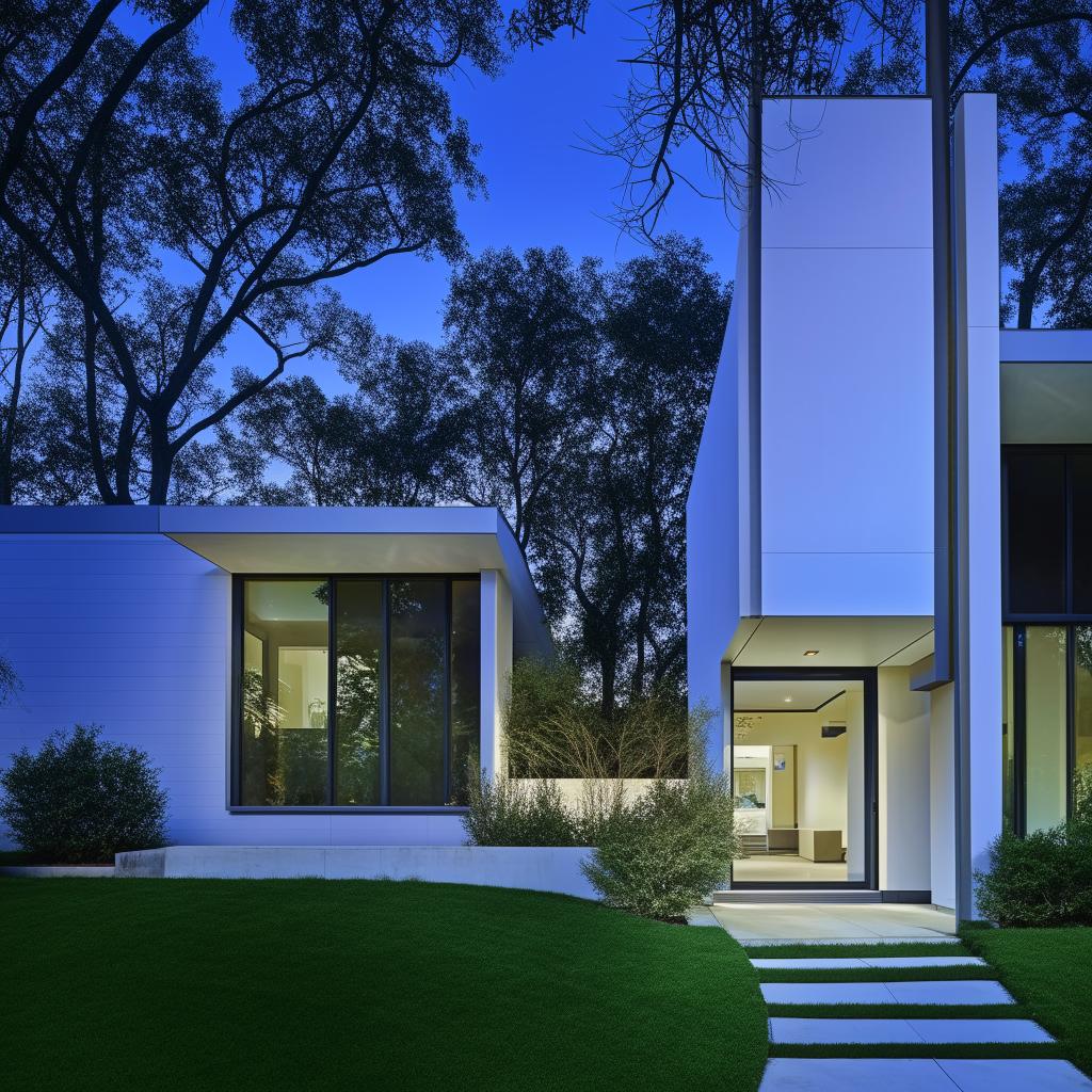 Modern-style exterior design of a house with sleek lines, large windows, and minimalist aesthetics.