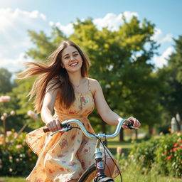 A young woman joyfully riding a vintage bicycle through a lush, sunlit park