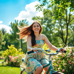 A young woman joyfully riding a vintage bicycle through a lush, sunlit park