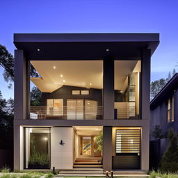 Modern-style exterior design of a house with sleek lines, large windows, and minimalist aesthetics.