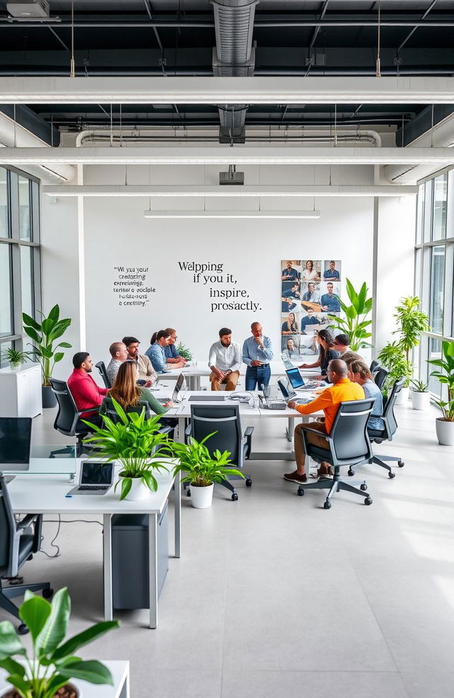 A modern and sleek office space with an open floor plan, featuring large windows that let in natural light, contemporary desks with ergonomic chairs, and vibrant greenery throughout