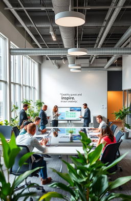 A modern and sleek office space with an open floor plan, featuring large windows that let in natural light, contemporary desks with ergonomic chairs, and vibrant greenery throughout