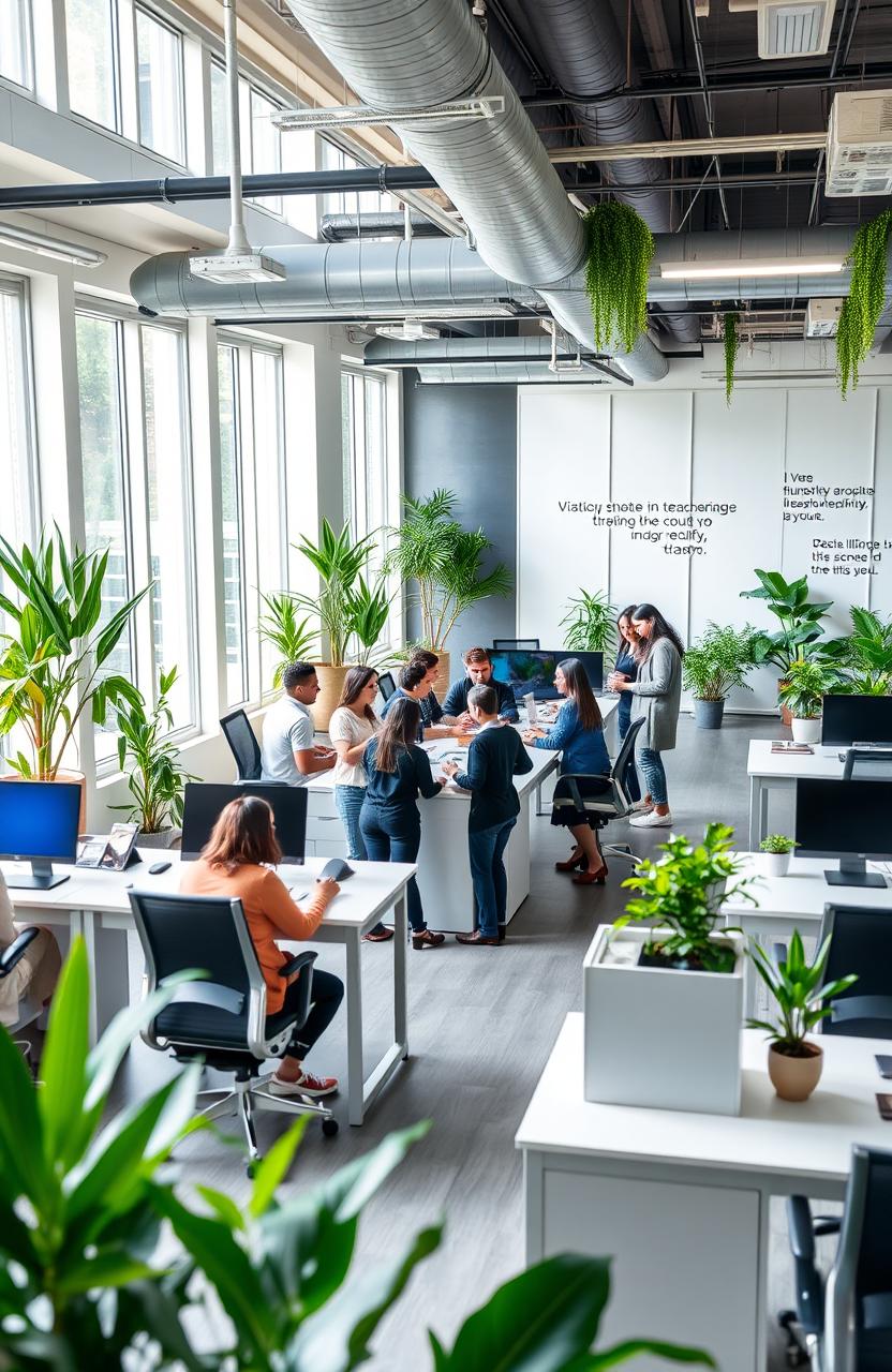 A modern and sleek office space with an open floor plan, featuring large windows that let in natural light, contemporary desks with ergonomic chairs, and vibrant greenery throughout