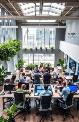 A modern and sleek office space with an open floor plan, featuring large windows that let in natural light, contemporary desks with ergonomic chairs, and vibrant greenery throughout