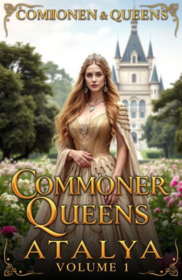 A fantasy historical fiction cover for a novel titled "Commoner Queens Volume 1" featuring Queen Atalya, depicted as an elegant, regal figure with long flowing hair and a beautifully intricate gown adorned with jewels
