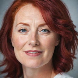 A portrait of a middle-aged lady with vibrant red hair, exuding warmth and confidence.