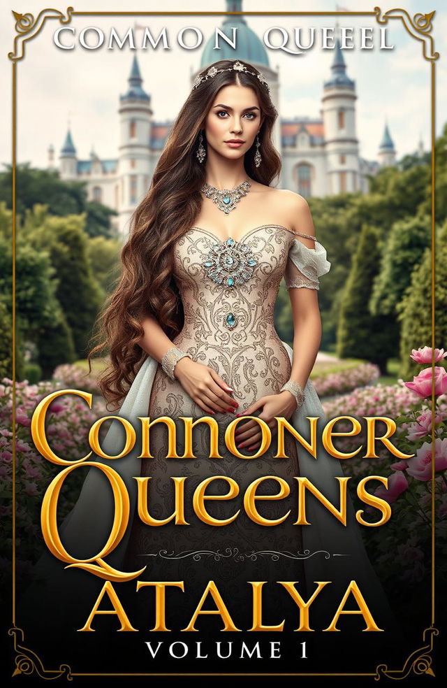 A fantasy historical fiction cover for a novel titled "Commoner Queens Volume 1" featuring Queen Atalya, depicted as an elegant, regal figure with long flowing hair and a beautifully intricate gown adorned with jewels