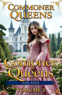 A fantasy historical fiction cover for a novel titled "Commoner Queens Volume 1" featuring Queen Atalya, depicted as an elegant, regal figure with long flowing hair and a beautifully intricate gown adorned with jewels