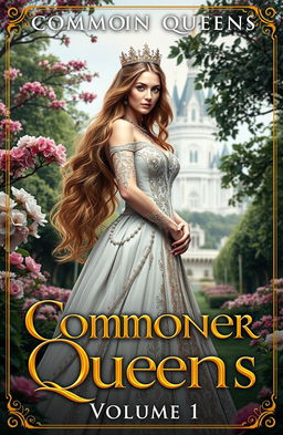 A fantasy historical fiction cover for a novel titled "Commoner Queens Volume 1" featuring Queen Atalya, depicted as an elegant, regal figure with long flowing hair and a beautifully intricate gown adorned with jewels