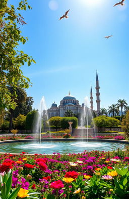 A serene landscape featuring a vibrant Islamic garden, adorned with intricate geometric patterns and lush greenery