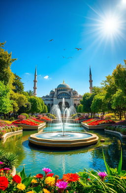 A serene landscape featuring a vibrant Islamic garden, adorned with intricate geometric patterns and lush greenery