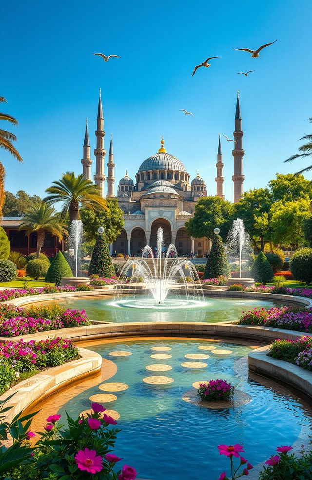 A serene landscape featuring a vibrant Islamic garden, adorned with intricate geometric patterns and lush greenery