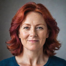 A portrait of a middle-aged lady with vibrant red hair, exuding warmth and confidence.