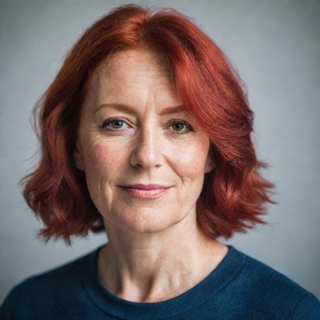 A portrait of a middle-aged lady with vibrant red hair, exuding warmth and confidence.