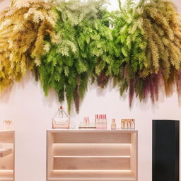 A chic perfume store featuring a white wall densely covered with fake plants. Further elements include soft pink accents and warm wood against a white backdrop.