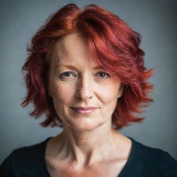 A portrait of a middle-aged lady with vibrant red hair, exuding warmth and confidence.