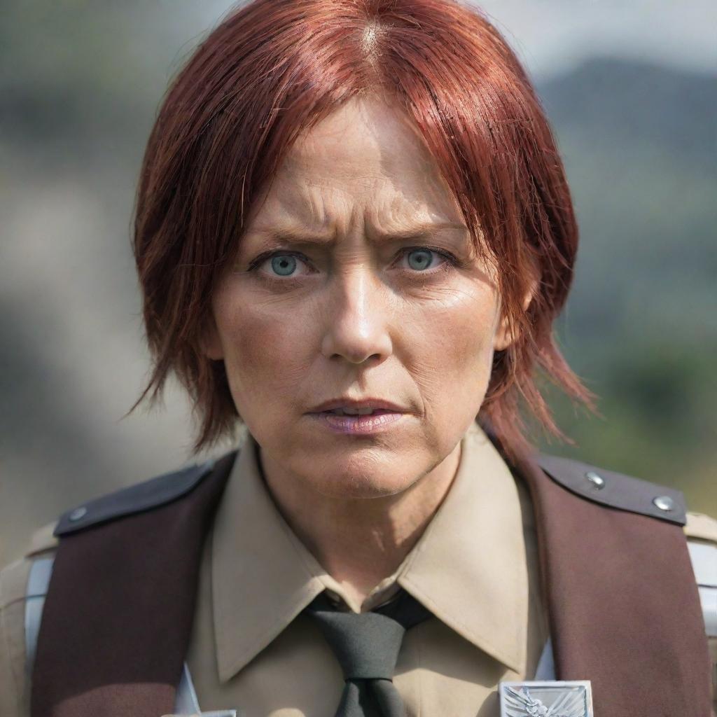 A middle-aged, red-haired lady wearing a uniform resembling those from Attack on Titan, looking battle-ready and intense.