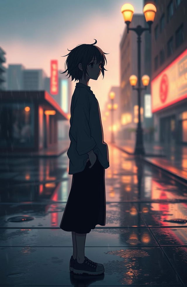 A melancholic figure standing on a rainy city street at dusk, illuminated by soft neon lights reflecting on the wet pavement