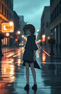 A melancholic figure standing on a rainy city street at dusk, illuminated by soft neon lights reflecting on the wet pavement