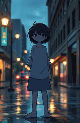 A melancholic figure standing on a rainy city street at dusk, illuminated by soft neon lights reflecting on the wet pavement