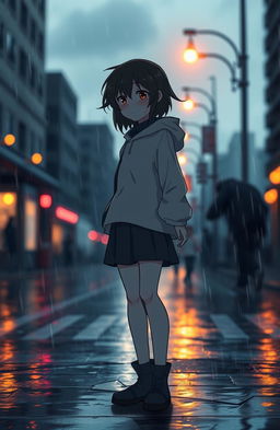 A melancholic figure standing on a rainy city street at dusk, illuminated by soft neon lights reflecting on the wet pavement