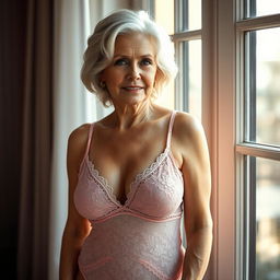 A woman in her mid-60s with beautiful silver waves of hair and soft, graceful wrinkles around her eyes stands by a large window