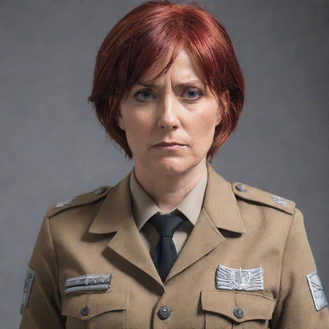 A middle-aged, red-haired lady wearing a uniform resembling those from Attack on Titan, looking battle-ready and intense.