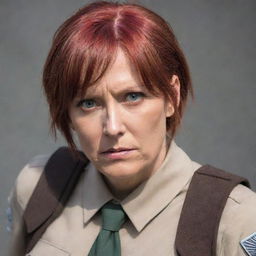 A middle-aged, red-haired lady wearing a uniform resembling those from Attack on Titan, looking battle-ready and intense.