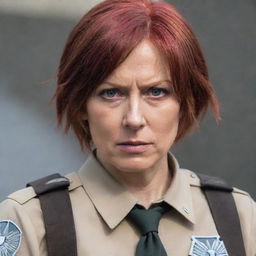 A middle-aged, red-haired lady wearing a uniform resembling those from Attack on Titan, looking battle-ready and intense.