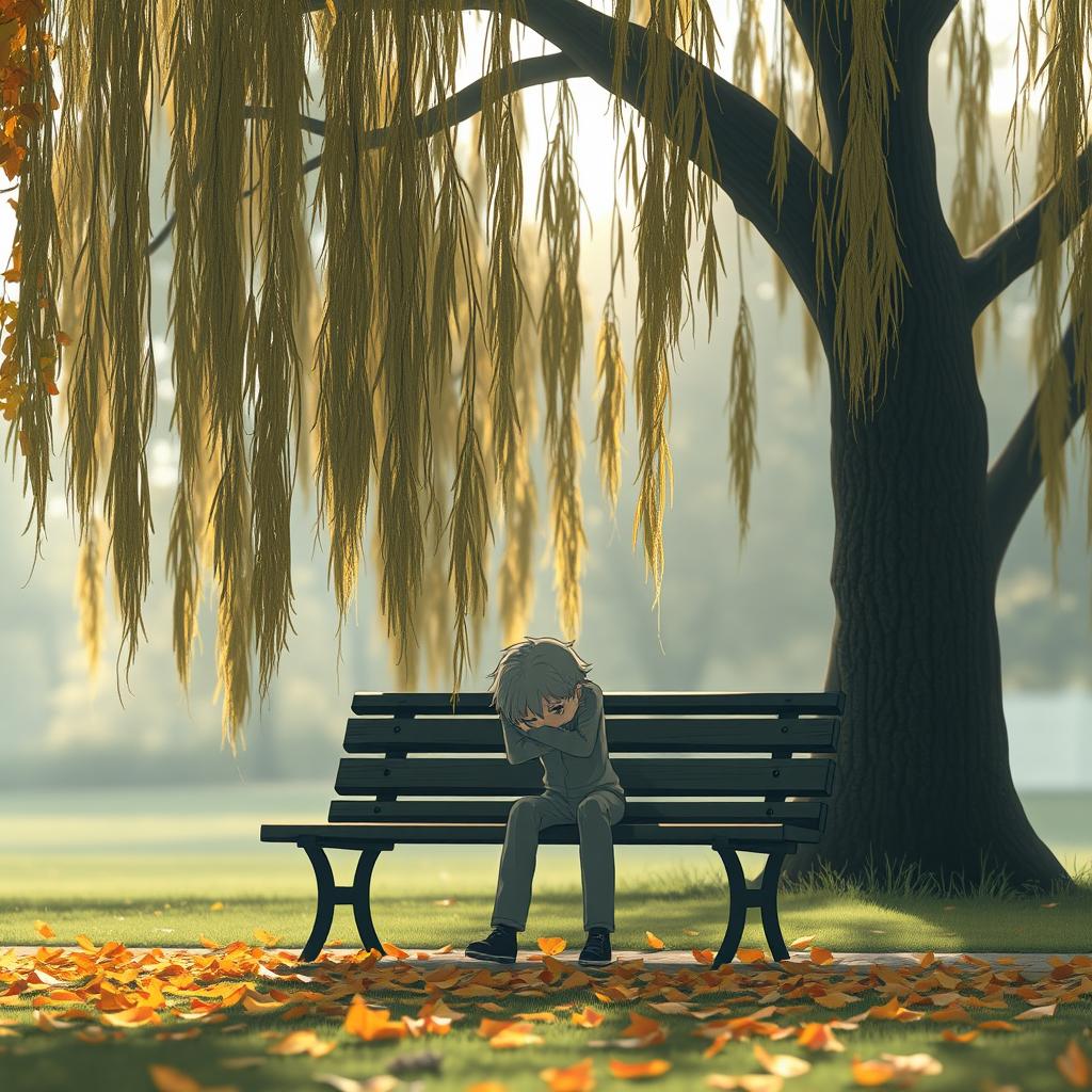 A solitary figure sitting on a park bench beneath a large, drooping willow tree, surrounded by fallen autumn leaves