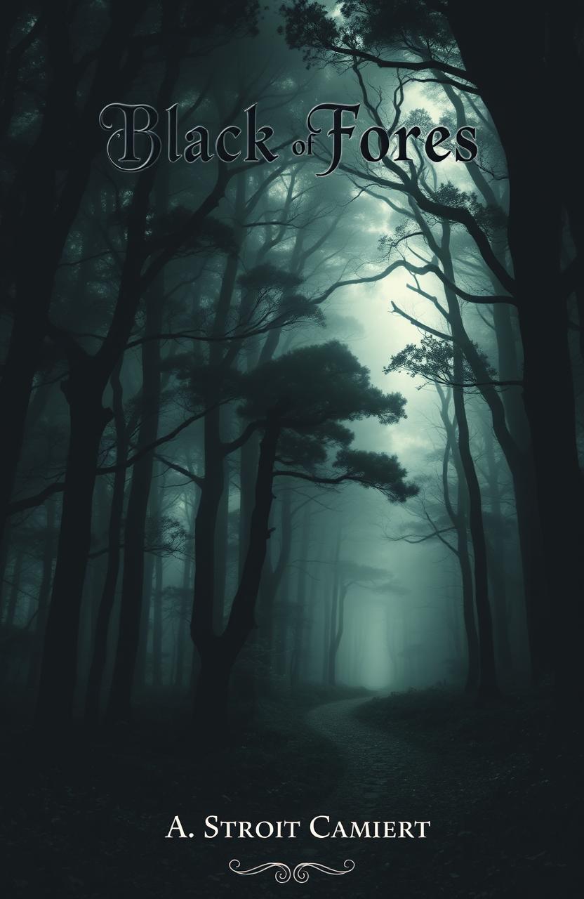 A mysterious and enchanting book cover featuring a dense black forest, with towering dark trees shrouded in mist